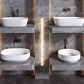 Two White Washbasins On Gray Marble Countertops With Recessed Lighting And Gray Marble Walls
