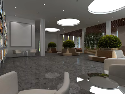 Spacious Sales Office Interior With Circular Ceiling Lights Green Plants And Marble Floor 3d model