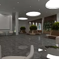 Spacious Sales Office Interior With Circular Ceiling Lights Green Plants And Marble Floor