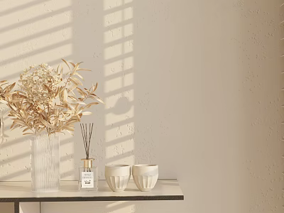 Minimalist Decorative Ornament Set With Dried Flowers Vase Diffuser Cups And Light Shadow On Table 3d model