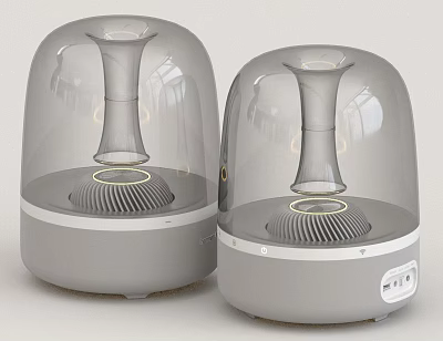 Pair of Modern Gray Audio Speakers With Transparent Cover And Light Ring Design 3d model