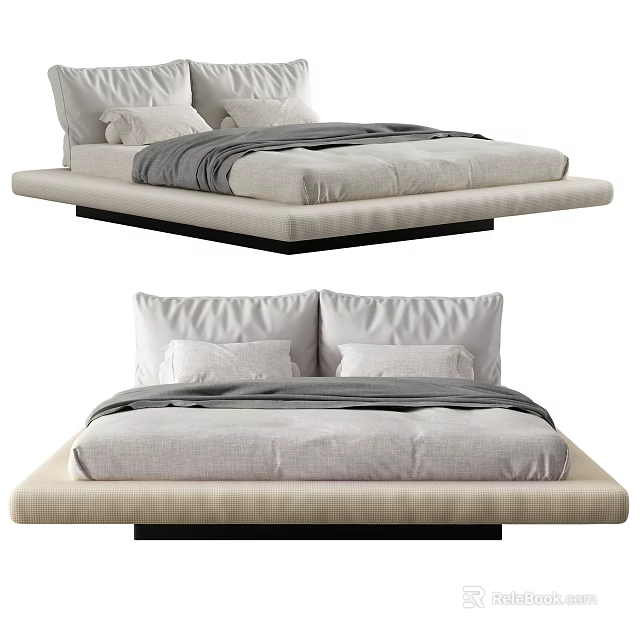 Modern Upholstered Platform Double Bed With Light Colored Bedspread And Pillows 3d model