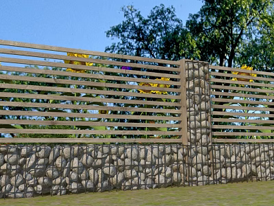 Sturdy Garden Fence With Stone Base And Wooden Slats Surrounded By Green Trees 3d model