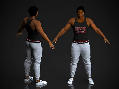 Man In Black Tank Top With Printed Design Gray Sweatpants White Sneakers And Red Waistband 3d model