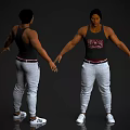 Man In Black Tank Top With Printed Design Gray Sweatpants White Sneakers And Red Waistband