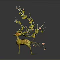 Decorative Plant Sculptures with Green Leaves Yellow Blooms Deer Shaped Structure on Reflective Dark Background