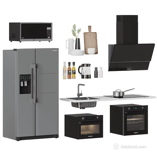 Modern Kitchen Appliances Set with Refrigerator Microwave Oven Range Hood Sink and Coffee Maker 3d model 