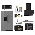 Modern Kitchen Appliances Set with Refrigerator Microwave Oven Range Hood Sink and Coffee Maker