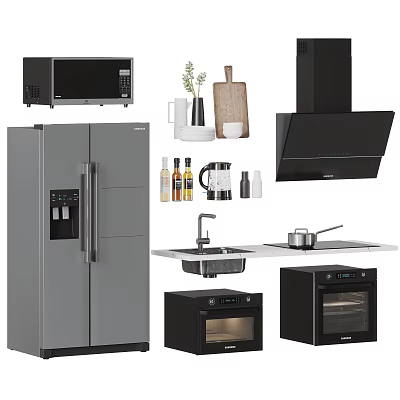 Modern Kitchen Appliances Set with Refrigerator Microwave Oven Range Hood Sink and Coffee Maker 3d model