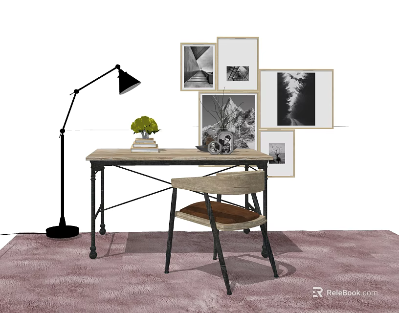 Stylish Wooden Desk With Comfortable Chair Green Plant Books Wall Art Floor Lamp And Rug 3d model 