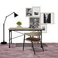 Stylish Wooden Desk With Comfortable Chair Green Plant Books Wall Art Floor Lamp And Rug