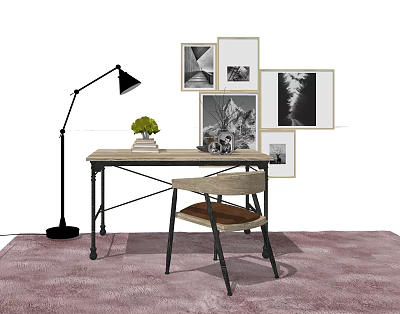 Stylish Wooden Desk With Comfortable Chair Green Plant Books Wall Art Floor Lamp And Rug 3d model