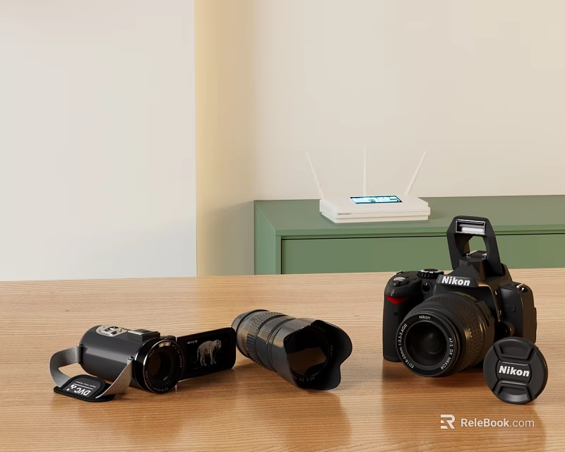 Nikon Digital Camera With Lenses Camera Bag And Accessories On Wooden Table 3d model 