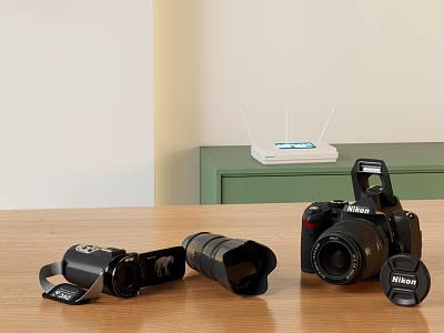 Nikon Digital Camera With Lenses Camera Bag And Accessories On Wooden Table 3d model