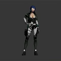 Blue Haired Female Futuristic Combat Character In Green White Armored Tactical Gear With Grey Background