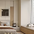 Modern Light Colored Bedroom Interior With Built In Wardrobe Round Mirror And Window Bench 3d model