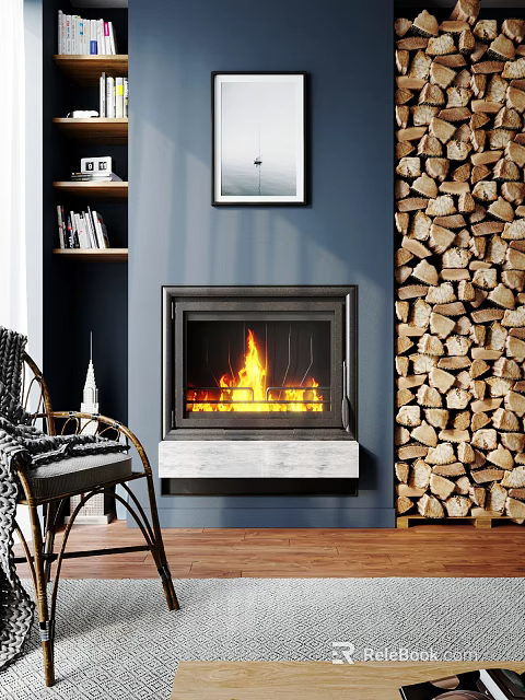 Modern Fireplace Interior With Burning Flames Marble Base And Wood Stack On Dark Wall 3d model