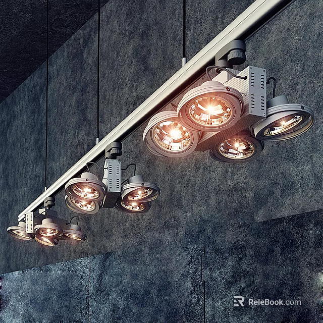 Track Mounted Multiple Downlights And Spotlights Illuminating Gray Industrial Wall Surface 3d model