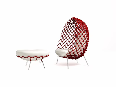 Modern Outdoor Chair With Red Woven Frame White Cushion And Matching Stool 3d model