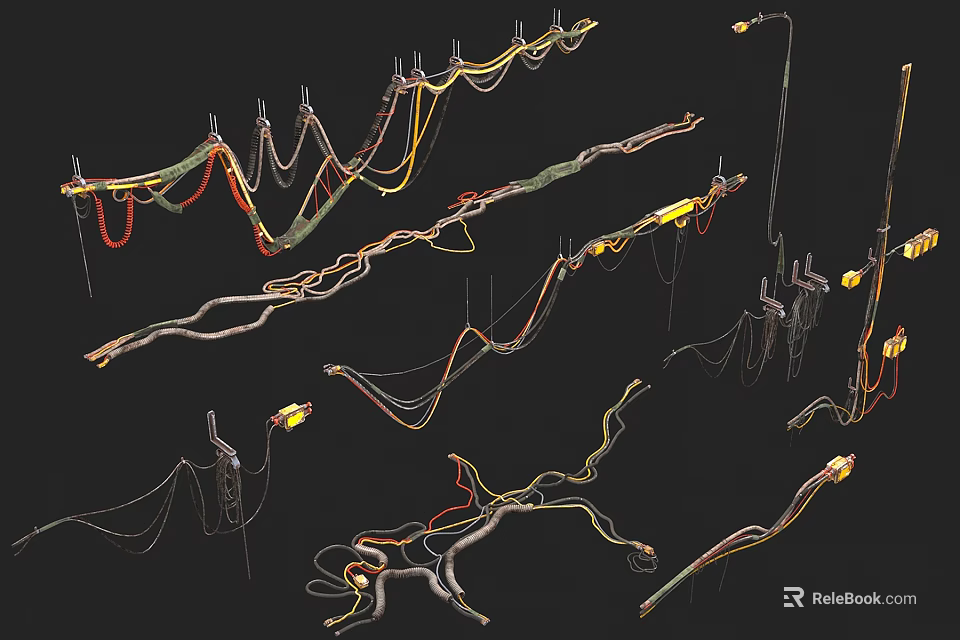Complex Industrial Equipment Wiring Systems With Multi Colored Cables And Metal Structures 3d model 