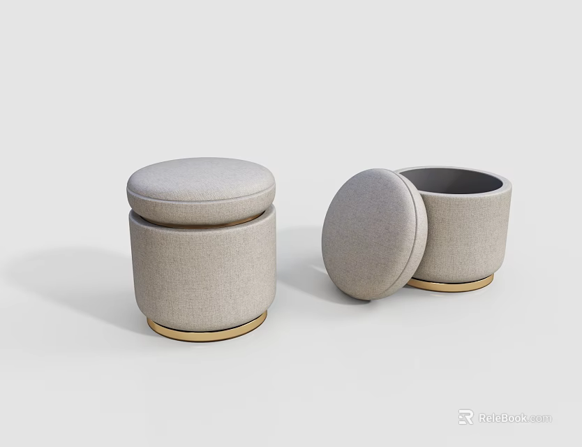 Round Upholstered Storage Stools With Beige Fabric And Open Lid Design 3d model