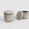 Round Upholstered Storage Stools With Beige Fabric And Open Lid Design 3d model