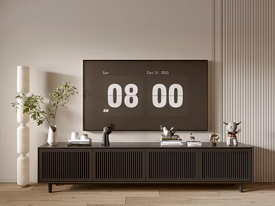 Modern Black TV Stand with Slatted Doors and Decorative Vase Sculptures on Light Wall Background 3d model