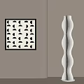 Modern Interior Decor With Black And White Geometric Square Art And White Wavy Floor Lamp