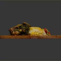 Fragrant Yellow Rice with Curry Chicken Green Sauce Red Peppers and Lemon on Wooden Platter