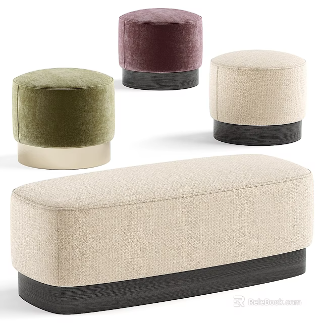 Modern Upholstered Ottoman Stools with Beige Green Burgundy Colors and Round Rectangular Shapes 3d model 