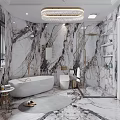 Elegant Bathroom Interior Design With Marble Walls Vanity Round Mirror And Lighting Fixtures