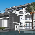 Modern Detached Villa With Swimming Pool Palm Tree Balcony And Glass Windows