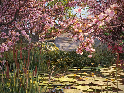 Cherry Blossom Tree Blooming Pink Flowers By Pond With Lily Pads Water Lilies Green Plants 3d model
