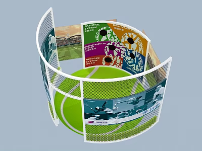Colorful Playground Equipment Featuring Circular Mesh Fence Green Ball And Decorative Posters 3d model