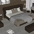 Modern Luxury Double Bed With Dark Leather Headboard Plush Bedding Side Nightstands Chairs And Ottoman