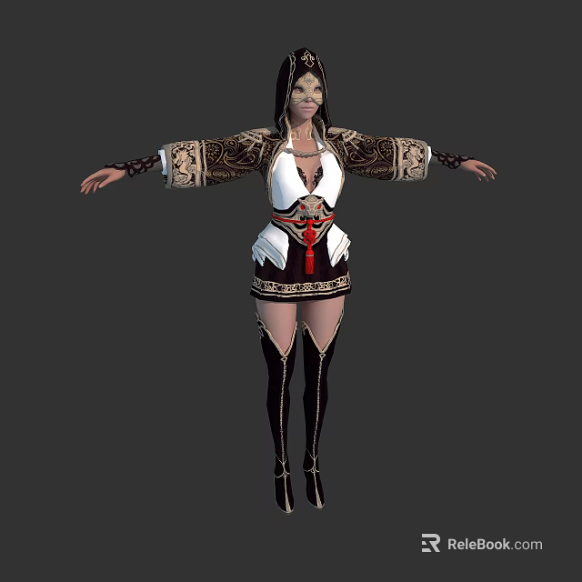 3D Fantasy Female Character Model With Decorative Embroidered Outfit And Long Boots 3d model 