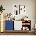 Modern Cozy Interior Sideboard With Flower Vase Coffee Machine Radio And Table Lamp Wall Art