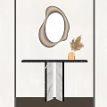 Modern Console Table With Golden Irregular Mirror And Pampas Grass In Wooden Vase
