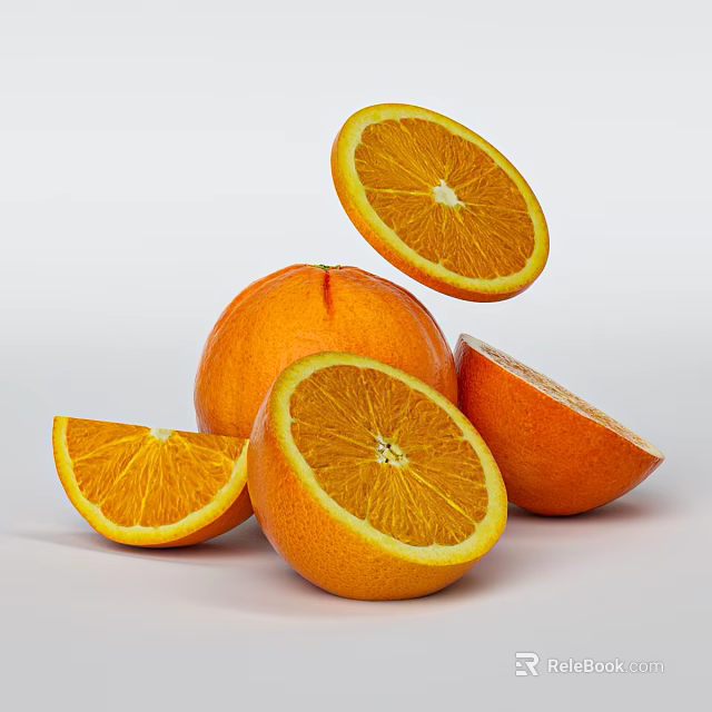 Fresh Oranges With Whole Fruit Sliced Halves And Floating Juicy Segments 3d model 