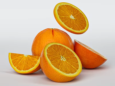 Fresh Oranges With Whole Fruit Sliced Halves And Floating Juicy Segments 3d model