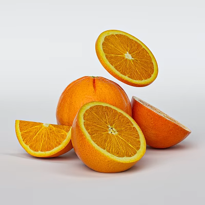 Fresh Oranges With Whole Fruit Sliced Halves And Floating Juicy Segments 3d model Fresh Oranges With Whole Fruit Sliced Halves And Floating Juicy Segments 3d model
