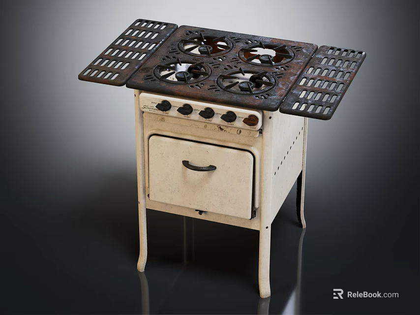 Vintage Kitchen Stove With Four Burners Metal Grates White Body And Drawer 3d model 