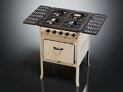 Vintage Kitchen Stove With Four Burners Metal Grates White Body And Drawer 3d model