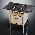 Vintage Kitchen Stove With Four Burners Metal Grates White Body And Drawer