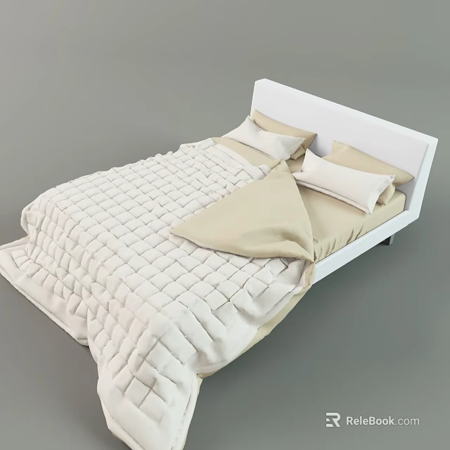 Modern Double Bed With White Headboard Woven Texture Quilt And Beige Pillows 3d model 