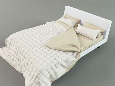 Modern Double Bed With White Headboard Woven Texture Quilt And Beige Pillows 3d model