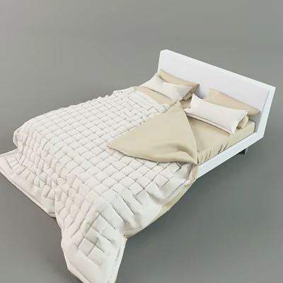 Modern Double Bed With White Headboard Woven Texture Quilt And Beige Pillows 3d model