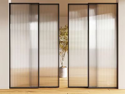 Modern Interior Sliding Doors Design With Ribbed Glass Panels And Black Frames 3d model