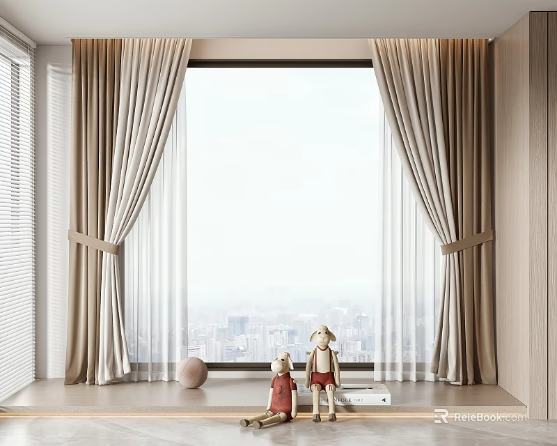 Modern Double Layer Beige Curtains For Living Room With City View Window 3d model 