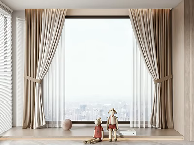 Modern Double Layer Beige Curtains For Living Room With City View Window 3d model